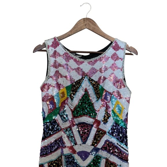 VTG Carina Dress Multicolor Sequin Geometric Sleeveless Mini Sz M Y2K Bodycon - Picture 4 of 16